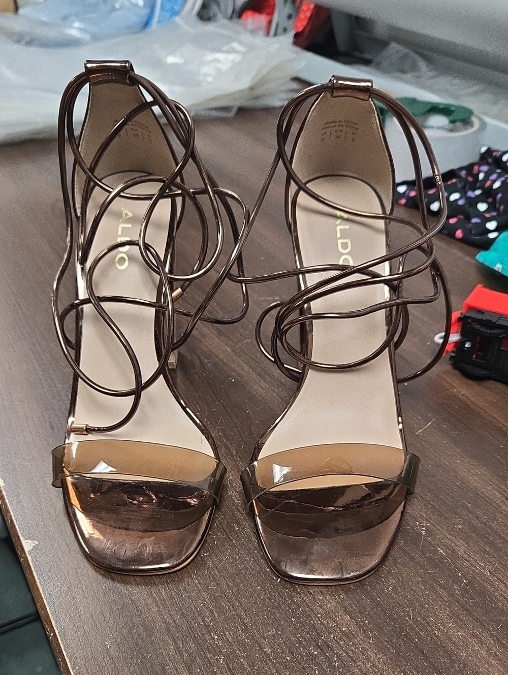 Aldo Size 6 Metallic Brown Clear Chunky Wrap Heel